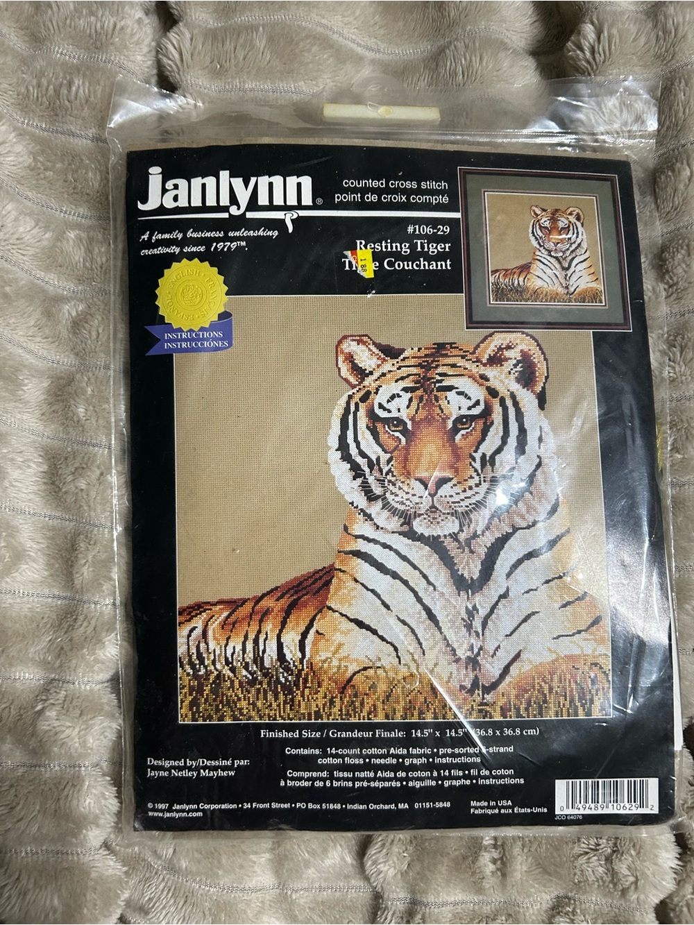 Janlynn RESTING TIGER Counted Cross Stitch Kit New Big Cat 14.5" Square VTG